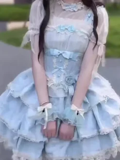 Sweet Lolita JSK Dress Ruffles Flower Short Light Sky Blue Lolita Dress