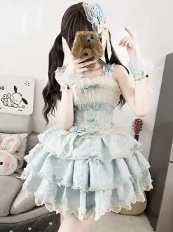 Sweet Lolita JSK Dress Ruffles Flower Short Light Sky Blue Lolita Dress