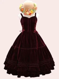 Sweet Lolita JSK Dress Velour Lace Up Ruffle Lolita Jumper Skirts