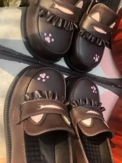 Sweet Lolita Loafers Shoes Cat Black Round Toe PU Leather Chunky Heel Lolita Shoes Lovely