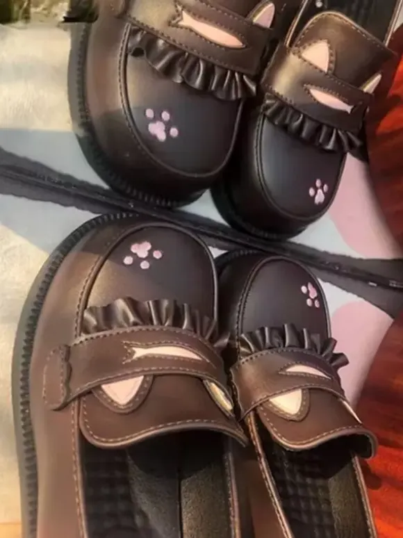 Sweet Lolita Loafers Shoes Cat Black Round Toe PU Leather Chunky Heel Lolita Shoes Lovely