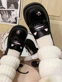Sweet Lolita Loafers Shoes Cat Black Round Toe PU Leather Chunky Heel Lolita Shoes Lovely
