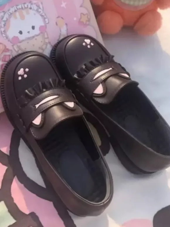 Sweet Lolita Loafers Shoes Cat Black Round Toe PU Leather Chunky Heel Lolita Shoes Lovely