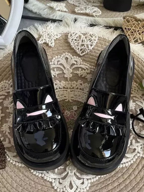 Sweet Lolita Loafers Shoes Cat Black Round Toe PU Leather Chunky Heel Lolita Shoes Lovely