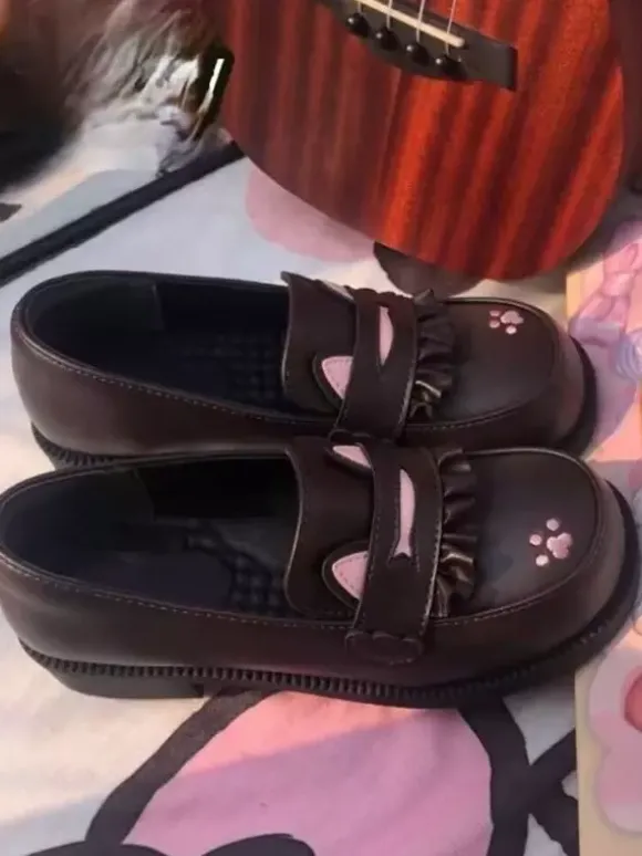 Sweet Lolita Loafers Shoes Cat Black Round Toe PU Leather Chunky Heel Lolita Shoes Lovely