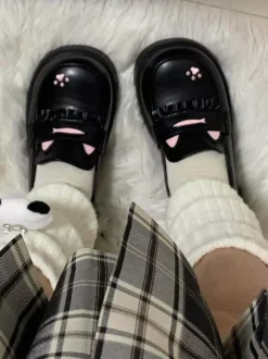 Sweet Lolita Loafers Shoes Cat Black Round Toe PU Leather Chunky Heel Lolita Shoes Lovely