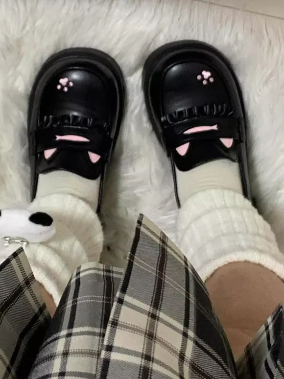 Sweet Lolita Loafers Shoes Cat Black Round Toe PU Leather Chunky Heel Lolita Shoes Lovely