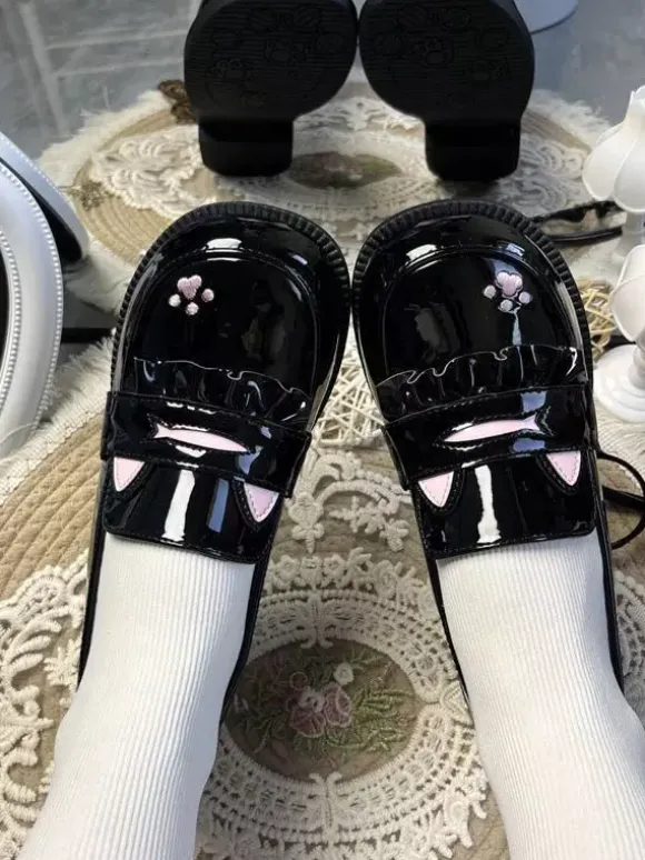 Sweet Lolita Loafers Shoes Cat Black Round Toe PU Leather Chunky Heel Lolita Shoes Lovely