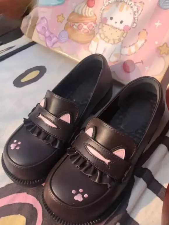Sweet Lolita Loafers Shoes Cat Black Round Toe PU Leather Chunky Heel Lolita Shoes Lovely
