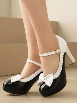 Sweet Lolita Mary Jane Shoes Pink Bows Round Toe PU Leather Chunky Heel Lolita Pumps