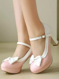 Sweet Lolita Mary Jane Shoes Pink Bows Round Toe PU Leather Chunky Heel Lolita Pumps