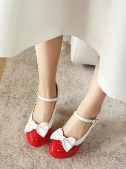 Sweet Lolita Mary Jane Shoes Pink Bows Round Toe PU Leather Chunky Heel Lolita Pumps