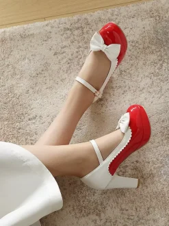 Sweet Lolita Mary Jane Shoes Pink Bows Round Toe PU Leather Chunky Heel Lolita Pumps