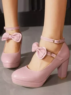 Sweet Lolita Mary Jane Shoes White Bows PU Leather Chunky Heel Lolita Pumps