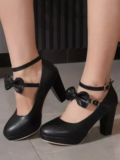 Sweet Lolita Mary Jane Shoes White Bows PU Leather Chunky Heel Lolita Pumps