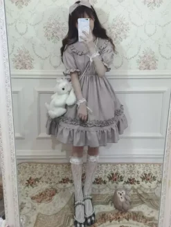 Sweet Lolita OP Dress Chiffon Ruffle Pleated Grey Lolita One Piece Dress