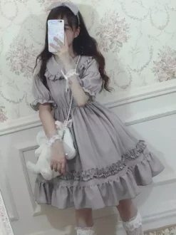 Sweet Lolita OP Dress Chiffon Ruffle Pleated Grey Lolita One Piece Dress