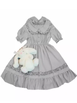 Sweet Lolita OP Dress Chiffon Ruffle Pleated Grey Lolita One Piece Dress