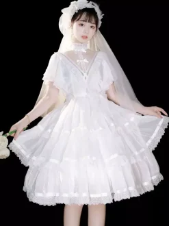 Sweet Lolita OP Dress Polyester Short Sleeves Ruffles Bows Lace White Lolita One Piece Dress