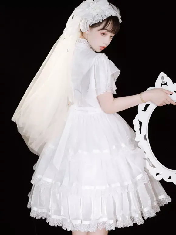 Sweet Lolita OP Dress Polyester Short Sleeves Ruffles Bows Lace White Lolita One Piece Dress