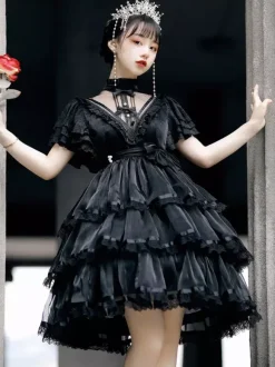 Sweet Lolita OP Dress Polyester Short Sleeves Ruffles Bows Lace White Lolita One Piece Dress