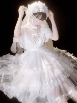 Sweet Lolita OP Dress Polyester Short Sleeves Ruffles Bows Lace White Lolita One Piece Dress