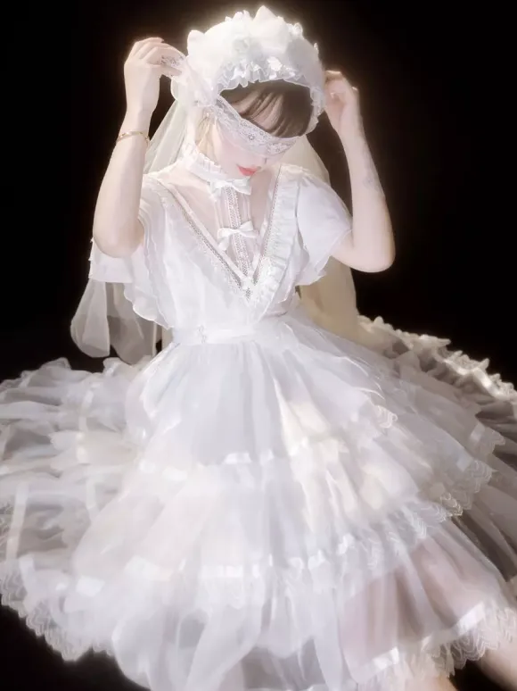 Sweet Lolita OP Dress Polyester Short Sleeves Ruffles Bows Lace White Lolita One Piece Dress