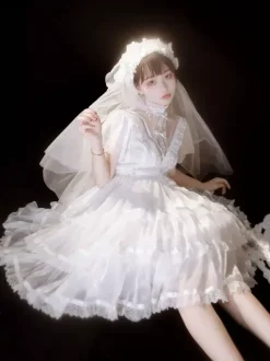 Sweet Lolita OP Dress Polyester Short Sleeves Ruffles Bows Lace White Lolita One Piece Dress