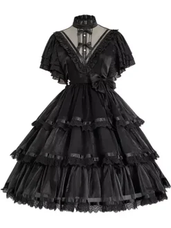 Sweet Lolita OP Dress Polyester Short Sleeves Ruffles Bows Lace White Lolita One Piece Dress