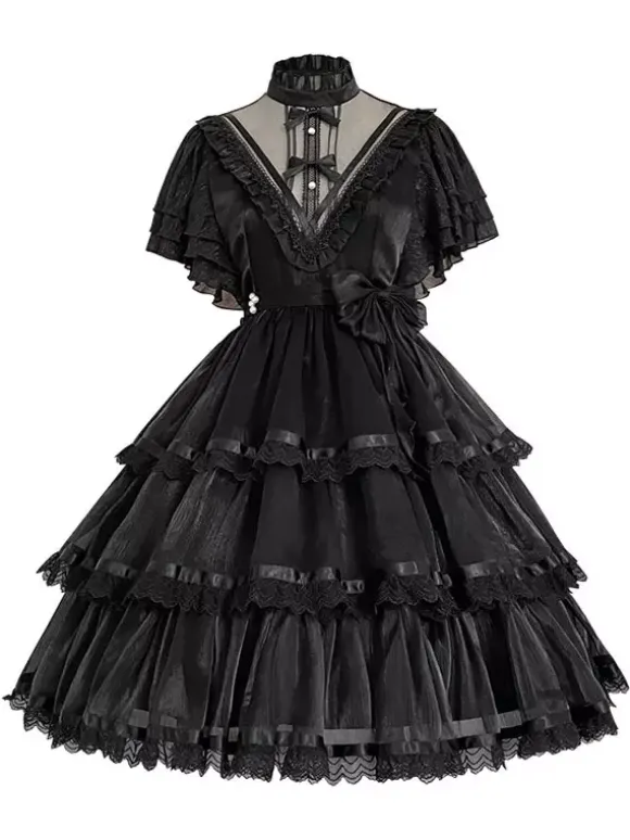 Sweet Lolita OP Dress Polyester Short Sleeves Ruffles Bows Lace White Lolita One Piece Dress