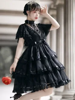 Sweet Lolita OP Dress Polyester Short Sleeves Ruffles Bows Lace White Lolita One Piece Dress