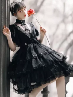 Sweet Lolita OP Dress Polyester Short Sleeves Ruffles Bows Lace White Lolita One Piece Dress