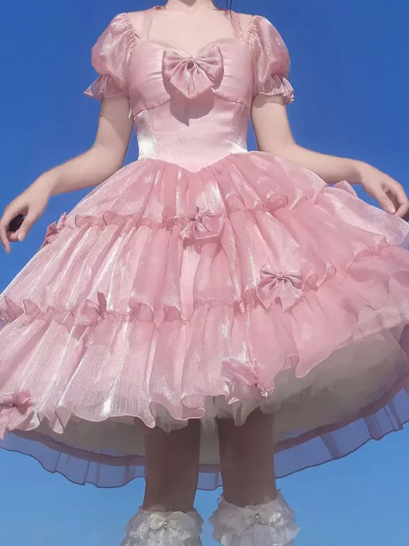 Sweet Lolita OP Dress Polyester Short Sleeves Ruffles Bows Pink Lolita One Piece Dress