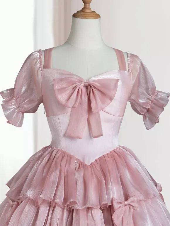 Sweet Lolita OP Dress Polyester Short Sleeves Ruffles Bows Pink Lolita One Piece Dress