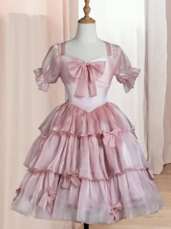 Sweet Lolita OP Dress Polyester Short Sleeves Ruffles Bows Pink Lolita One Piece Dress
