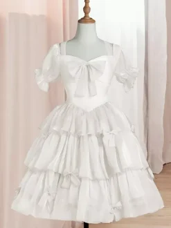Sweet Lolita OP Dress Polyester Short Sleeves Ruffles Bows Pink Lolita One Piece Dress