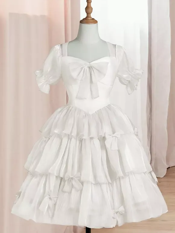 Sweet Lolita OP Dress Polyester Short Sleeves Ruffles Bows Pink Lolita One Piece Dress