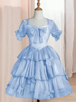 Sweet Lolita OP Dress Polyester Short Sleeves Ruffles Bows Pink Lolita One Piece Dress