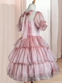 Sweet Lolita OP Dress Polyester Short Sleeves Ruffles Bows Pink Lolita One Piece Dress