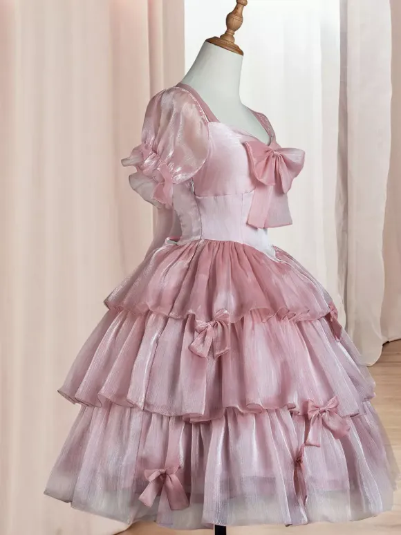 Sweet Lolita OP Dress Polyester Short Sleeves Ruffles Bows Pink Lolita One Piece Dress