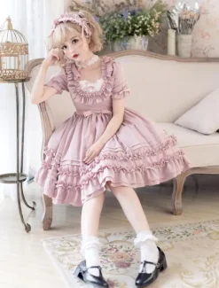 Sweet Lolita OP Dress Ruffle Bow Pleated Cotton Lolita One Piece Dress