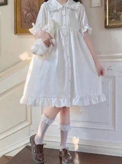 Sweet Lolita OP Dress Ruffles White Short Sleeves Lolita One Piece Dresses