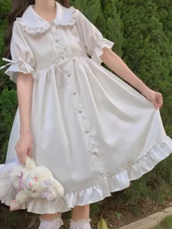 Sweet Lolita OP Dress Ruffles White Short Sleeves Lolita One Piece Dresses