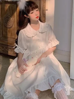 Sweet Lolita OP Dress Ruffles White Short Sleeves Lolita One Piece Dresses