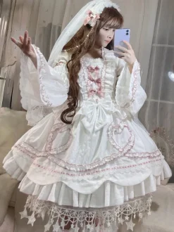 Sweet Lolita OP Dress Wedding Dress Removable Sleeves Polyester Ruffles Lace Bows White Lolita One Piece Dress