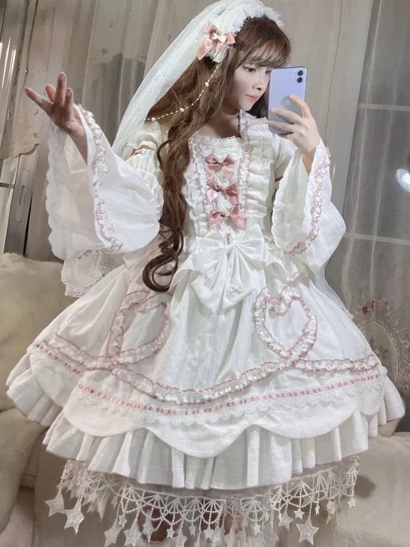 Sweet Lolita OP Dress Wedding Dress Removable Sleeves Polyester Ruffles Lace Bows White Lolita One Piece Dress