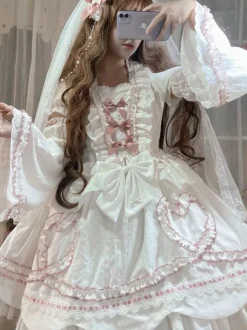 Sweet Lolita OP Dress Wedding Dress Removable Sleeves Polyester Ruffles Lace Bows White Lolita One Piece Dress