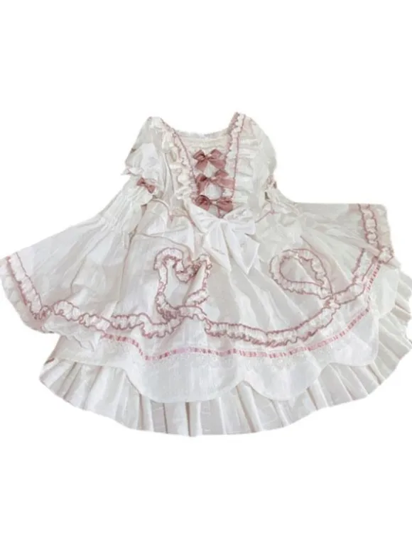 Sweet Lolita OP Dress Wedding Dress Removable Sleeves Polyester Ruffles Lace Bows White Lolita One Piece Dress