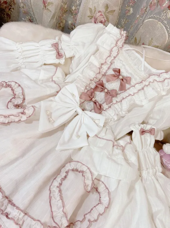 Sweet Lolita OP Dress Wedding Dress Removable Sleeves Polyester Ruffles Lace Bows White Lolita One Piece Dress