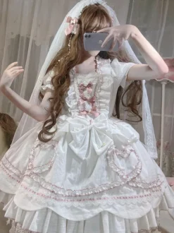 Sweet Lolita OP Dress Wedding Dress Removable Sleeves Polyester Ruffles Lace Bows White Lolita One Piece Dress